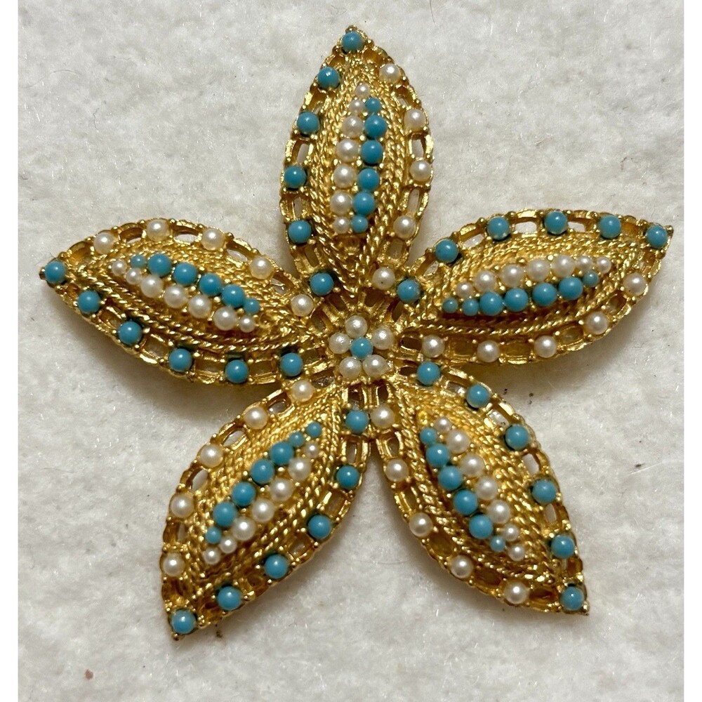 Vintage Sarah Coventry Brooch Faux Turquoise Pearl Gold Tone Flower Signed